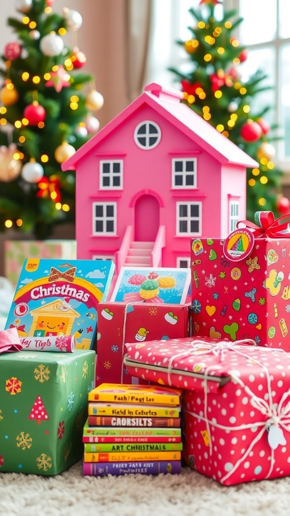 Top Christmas Gift Ideas for 6-Year-Old Girls A collection of Christmas gifts for a 6-year-old girl, including a dollhouse, art supplies, and storybooks, set against a festive backdrop.